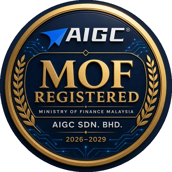 MOF Registered Company badge — Ministry of Finance Malaysia, AIGC Sdn. Bhd. 2026-2029